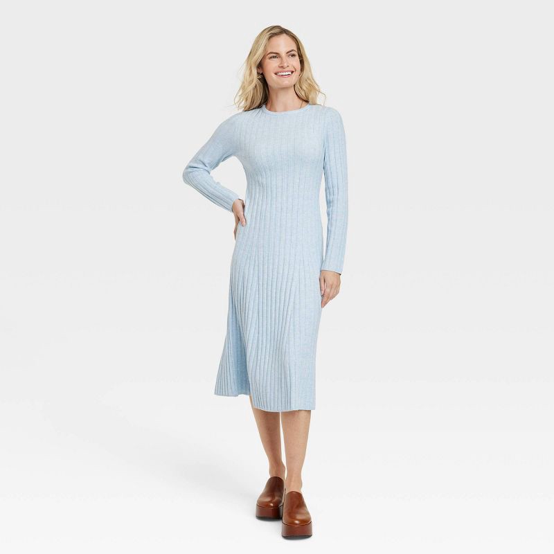 Women s Long Sleeve Midi Ribbed Sweater Dress A New Day Blue XL 1 ct Shipt