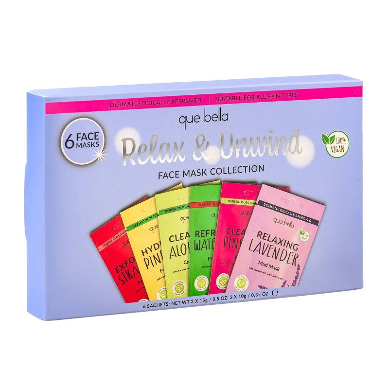 slide 2 of 9, Que Bella Relax & Unwind Face Mask Collection - 6pc, 6 ct