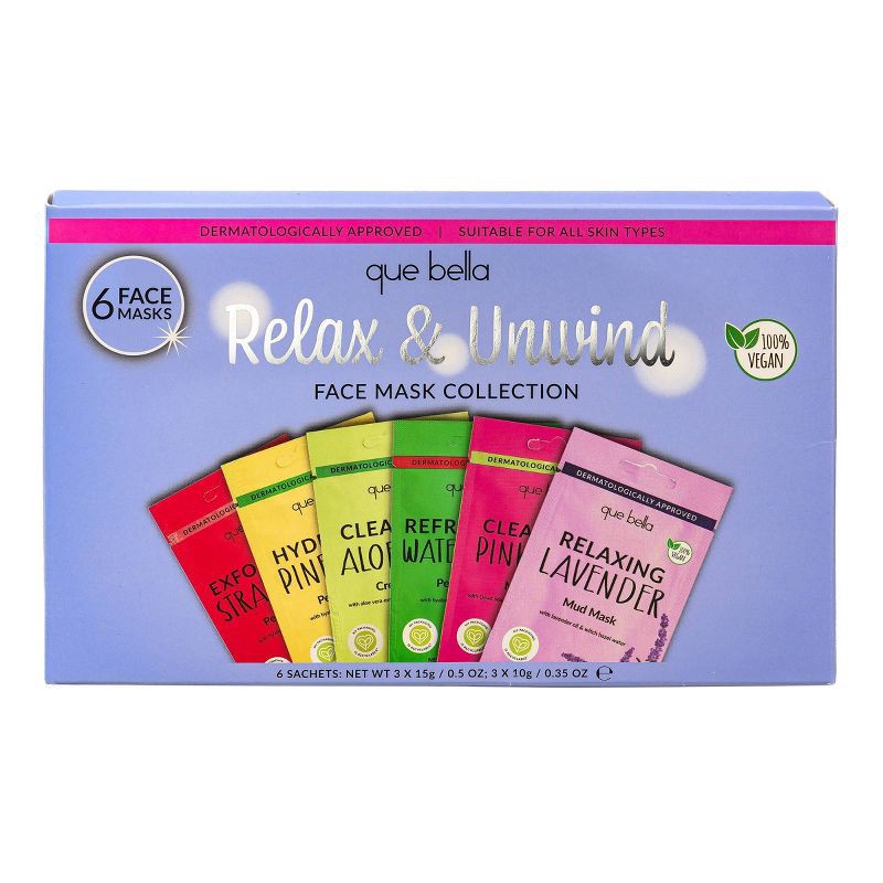 slide 1 of 9, Que Bella Relax & Unwind Face Mask Collection - 6pc, 6 ct