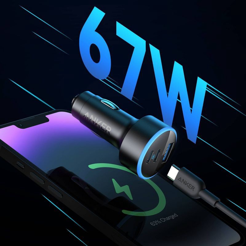 slide 7 of 10, Anker 3-Port 67W Car Charger - Black, 1 ct