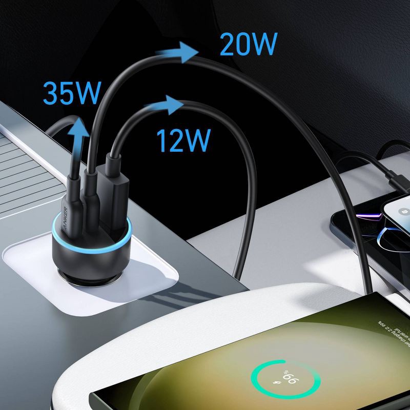 slide 8 of 10, Anker 3-Port 67W Car Charger - Black, 1 ct