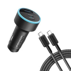 Anker 3-Port 67W Car Charger with 3' USB-C to USB-C Cable - Black: Quick Charge, USB-C Connection