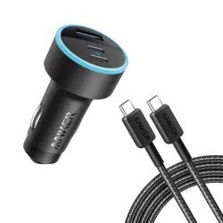 Anker 3-Port 67W Car Charger with 3' USB-C to USB-C Cable - Black: Quick Charge, USB-C Connection