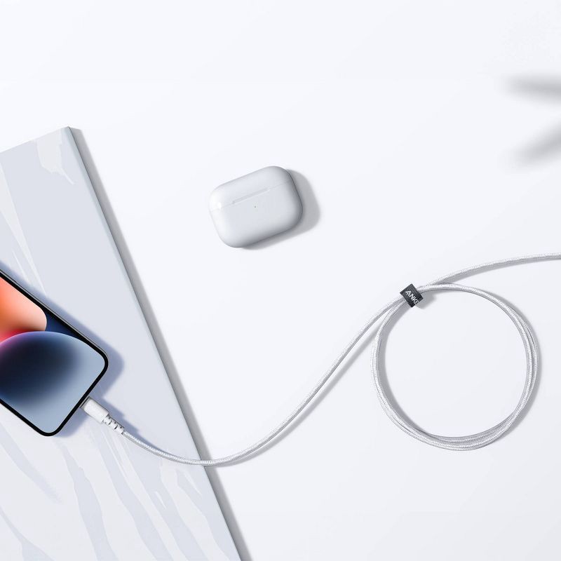 slide 2 of 3, Anker 10' Braided Lightning to USB-A Charging Cable - White: Male-to-Female Connector., 1 ct
