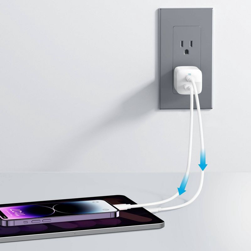 slide 6 of 8, Anker 2 Port 33W Wall Charger with 6' USB-C to USB-C Cable - White: Quick Charge, 9V Output, 1 ct