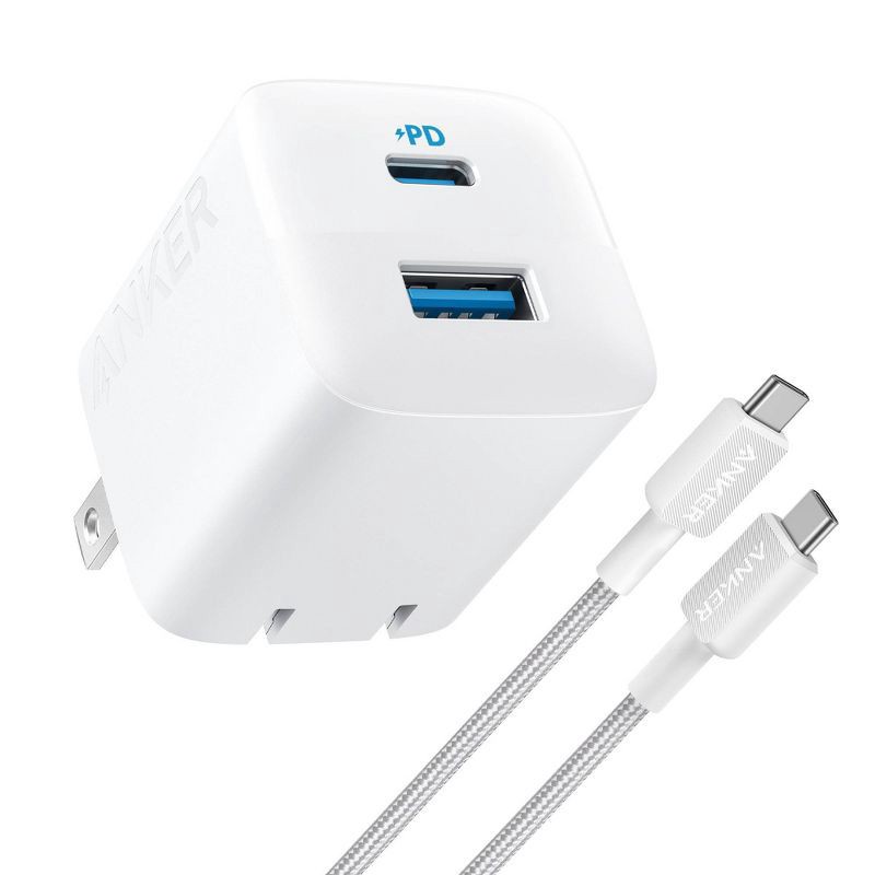 slide 1 of 8, Anker 2 Port 33W Wall Charger with 6' USB-C to USB-C Cable - White: Quick Charge, 9V Output, 1 ct