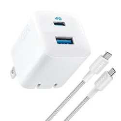 Anker 2 Port 33W Wall Charger with 6' USB-C to USB-C Cable - White: Quick Charge, 9V Output