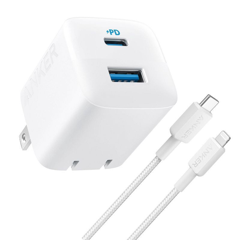 slide 1 of 8, Anker 2-Port 32W Wall Charger with 6' Lightning to USB-C Cable - White: Quick Charge USBC Block, 1 ct