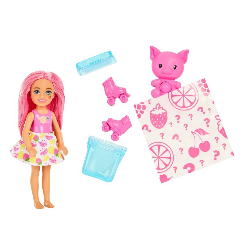 slide 3 of 7, Barbie Pop Reveal Fruit Series Chelsea Doll with 5 Surprises Including Pop-It Pet, Scent & Color Change (Styles May Vary), 1 ct