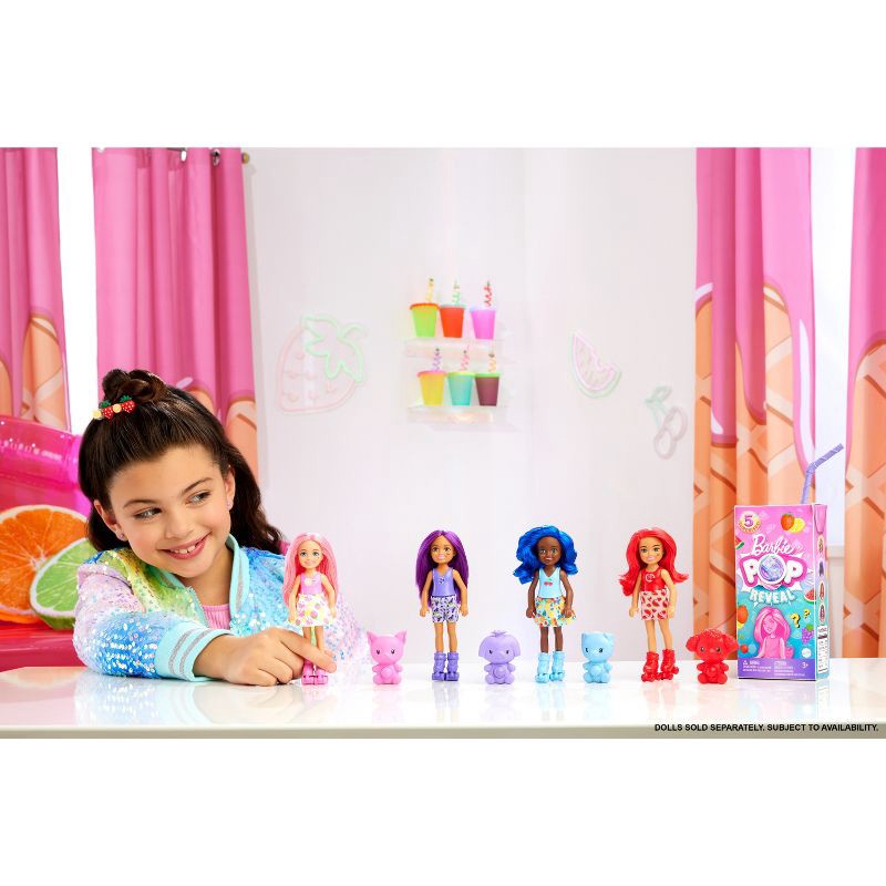 slide 2 of 7, Barbie Pop Reveal Fruit Series Chelsea Doll with 5 Surprises Including Pop-It Pet, Scent & Color Change (Styles May Vary), 1 ct