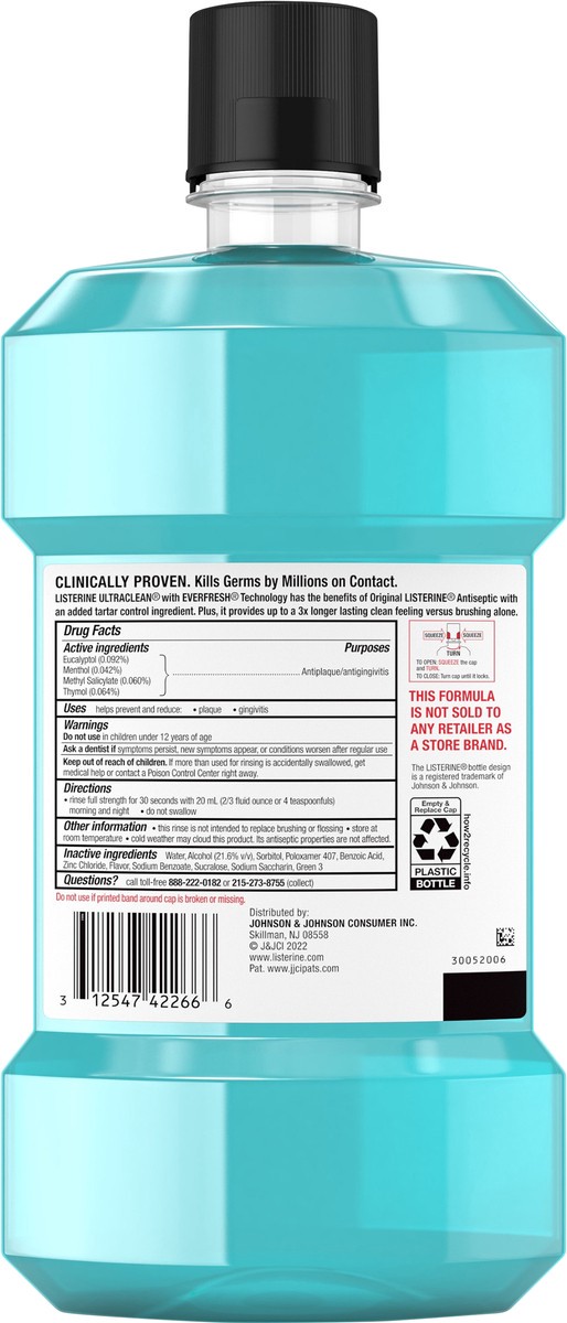 slide 4 of 7, Listerine Ultraclean Oral Care Antiseptic Mouthwash, Everfresh Technology to Help Fight Bad Breath, Gingivitis, Plaque & Tartar, ADA-Accepted Tartar Control Oral Rinse, Cool Mint, 1.5 L, 1.50 liter