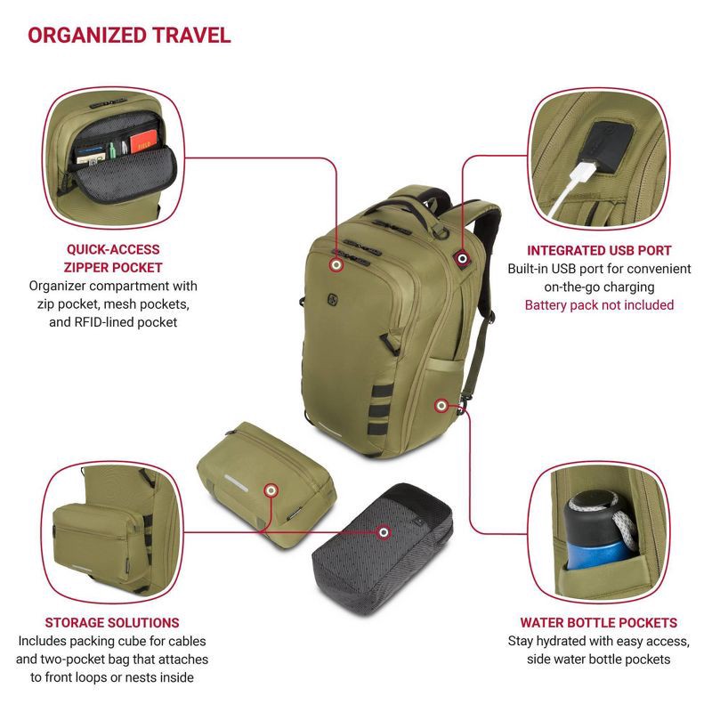 slide 3 of 21, SwissGear 45L Travel Backpack with RFID Blocking Pocket - Olive Branch, 45 liter