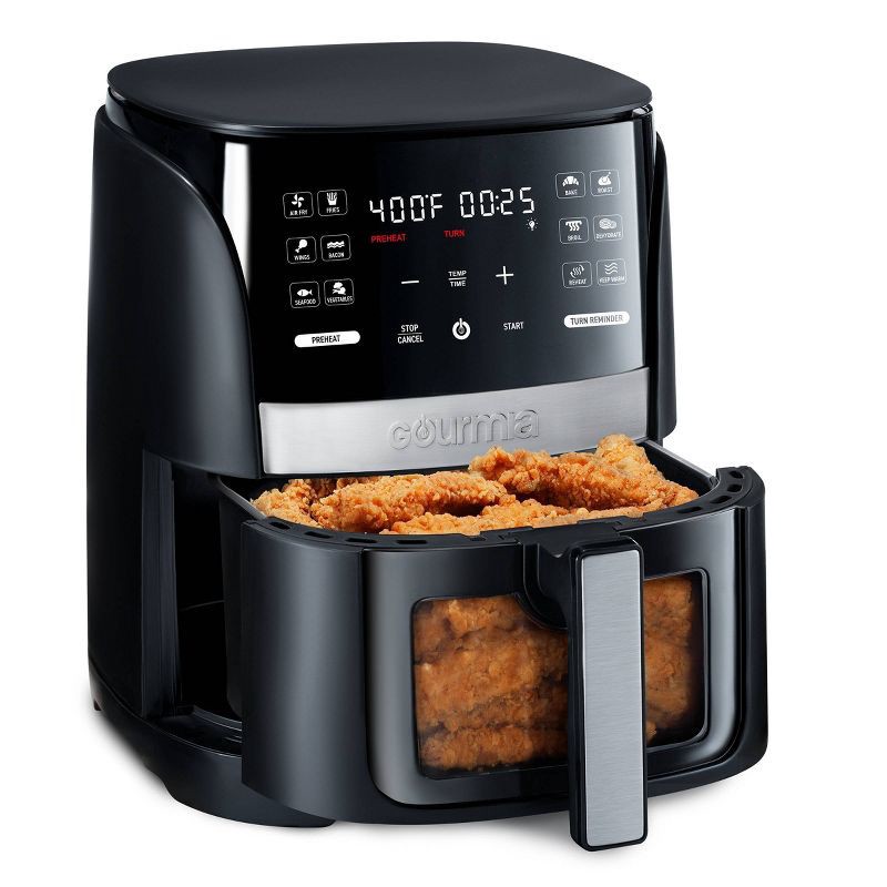 slide 2 of 8, Gourmia 6qt Digital Window Air Fryer with 12 Presets & Guided Cooking Black: Stainless Steel, 1-Year Warranty, 6 qt