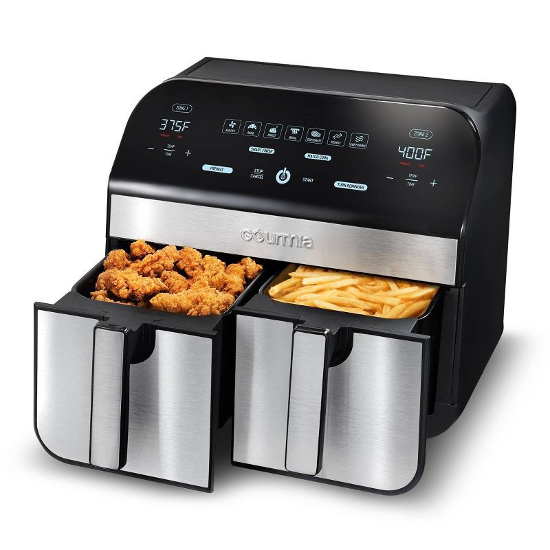 slide 2 of 6, Gourmia 10-Qt. Dual Basket Digital Air Fryer with Smart Finish & Match Cook Black Stainless Steel: 1-Year Warranty, Dishwasher-Safe Parts, 1 ct