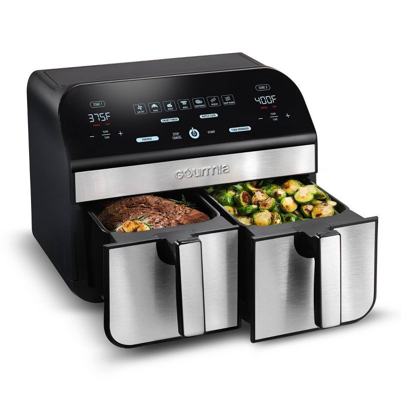 slide 3 of 6, Gourmia 10-Qt. Dual Basket Digital Air Fryer with Smart Finish & Match Cook Black Stainless Steel: 1-Year Warranty, Dishwasher-Safe Parts, 1 ct
