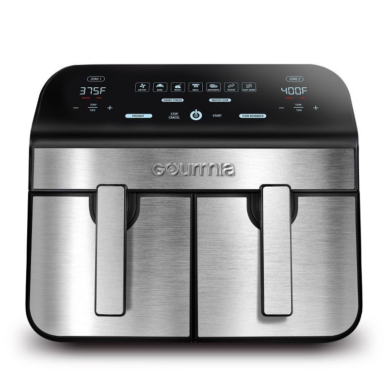slide 1 of 6, Gourmia 10-Qt. Dual Basket Digital Air Fryer with Smart Finish & Match Cook Black Stainless Steel: 1-Year Warranty, Dishwasher-Safe Parts, 1 ct