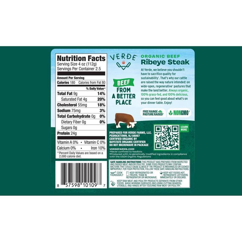 slide 2 of 4, Verde Farms Organic Grassfed Ribeye - 10oz, 10 oz
