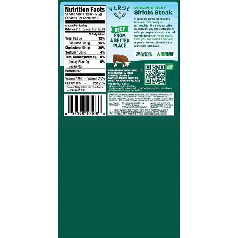 slide 2 of 4, Verde Farms Organic Grassfed Sirloin - 12oz, 12 oz
