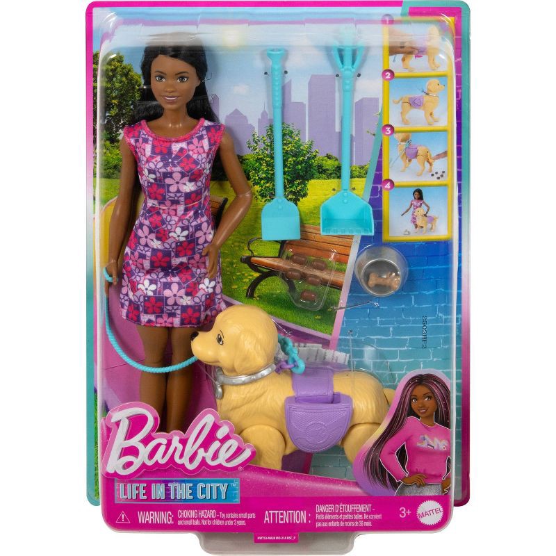 slide 6 of 6, Barbie Life in the City Brooklyn Doll with Walk & Potty Dog, Toy Set with Tail-Activated Pooping Pet Puppy (Target Exclusive), 1 ct