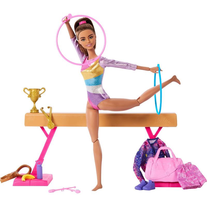 slide 1 of 6, Barbie Gymnastics Playset with Brunette Fashion Doll, Balance Beam, 10+ Accessories & Flip Feature, 1 ct