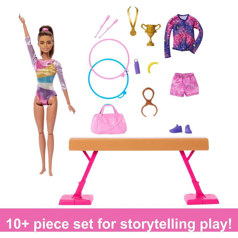 slide 3 of 6, Barbie Gymnastics Playset with Brunette Fashion Doll, Balance Beam, 10+ Accessories & Flip Feature, 1 ct