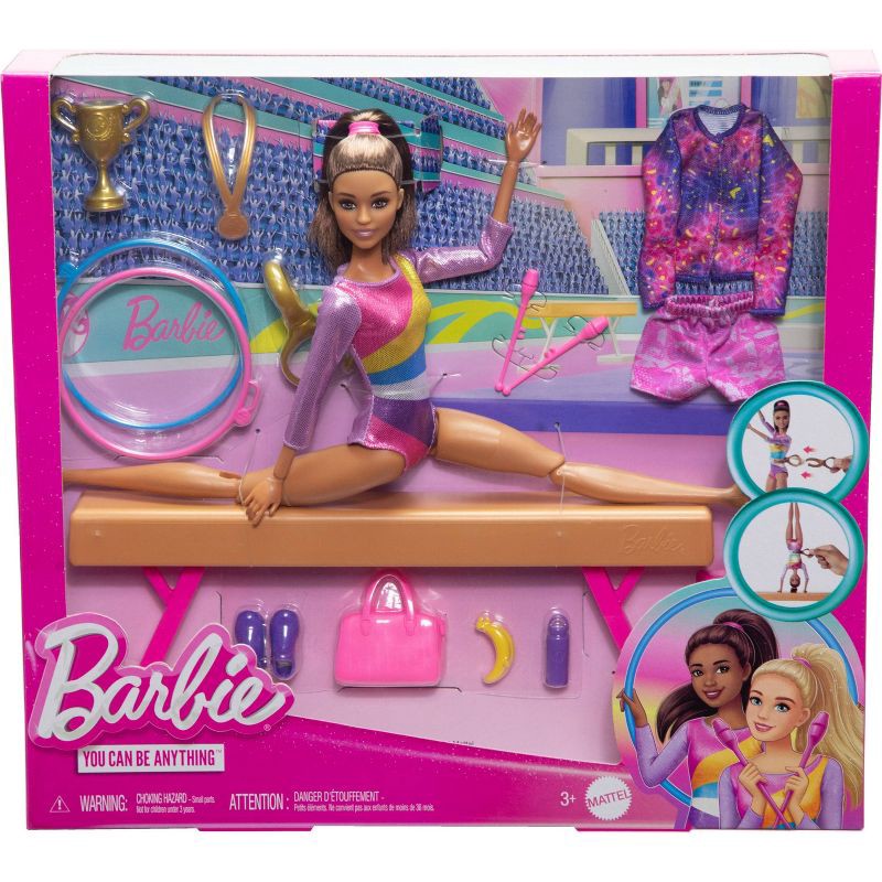 slide 6 of 6, Barbie Gymnastics Playset with Brunette Fashion Doll, Balance Beam, 10+ Accessories & Flip Feature, 1 ct