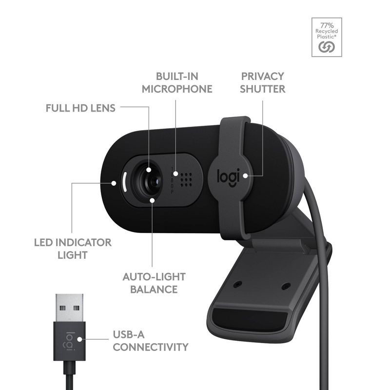 slide 6 of 9, Logitech Brio 100 1080p Webcam - Black, 1 ct