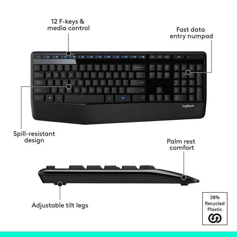 slide 7 of 10, Logitech MK345 Wireless Keyboard - Black: Full Size with 10-Key Pad & Wrist Rest, 1 ct