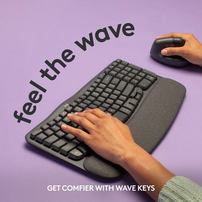 slide 2 of 10, Logitech Wave Keys Bluetooth Keyboard - Black: Ergonomic Design, Wrist Rest, 1 ct
