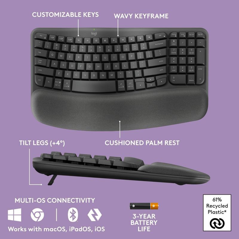 slide 6 of 10, Logitech Wave Keys Bluetooth Keyboard - Black: Ergonomic Design, Wrist Rest, 1 ct