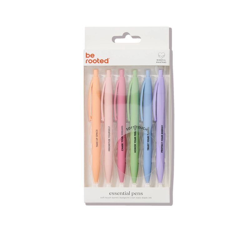 slide 1 of 4, Be Rooted 6pk Ballpoint Pen Black Ink Soft Touch Affirmation Sayings: Art Stationery, 1.0mm Point, Office Supplies, 6 ct