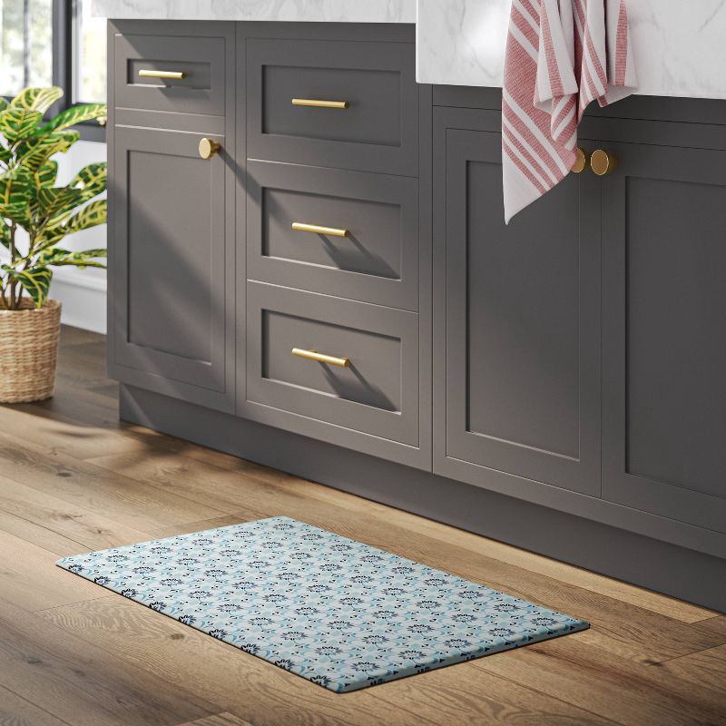 slide 2 of 4, 1'5"x2'6" Medallion Comfort Mat Blue - Threshold™: Skid-Resistant Indoor Floor Mat, Kitchen Use, Flat Pile, 1 ct