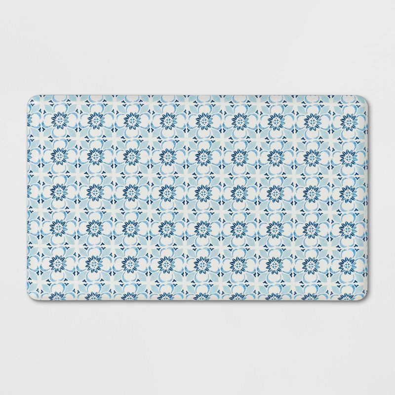 slide 1 of 4, 1'5"x2'6" Medallion Comfort Mat Blue - Threshold™: Skid-Resistant Indoor Floor Mat, Kitchen Use, Flat Pile, 1 ct