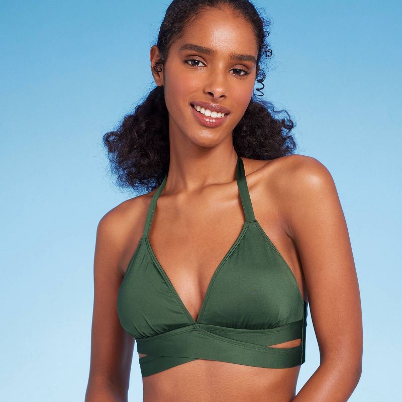 slide 3 of 5, Women's Triangle Bralette Faux Wrap Halter Bikini Top - Shade & Shore™ Dark Green L, 1 ct