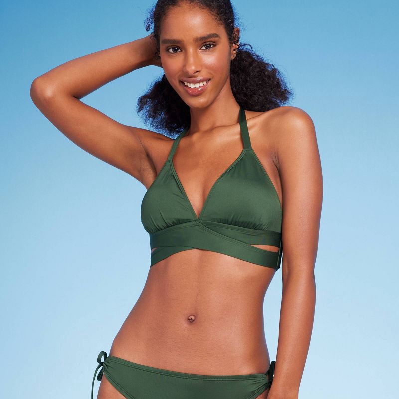 slide 4 of 5, Women's Triangle Bralette Faux Wrap Halter Bikini Top - Shade & Shore™ Dark Green L, 1 ct