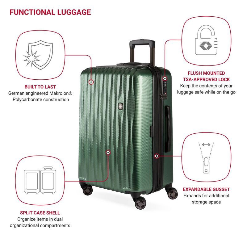 slide 3 of 15, SWISSGEAR Energie Hardside Medium Checked Spinner Suitcase – Verdun Green: Tear-Resistant Polycarbonate Shell, 1 ct