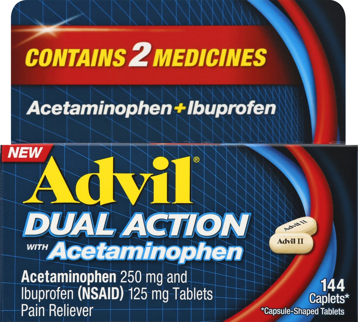 slide 1 of 11, Advil Dual Action Acetaminophen Ibuprofen Pain Relieving Caplets, 144 ct