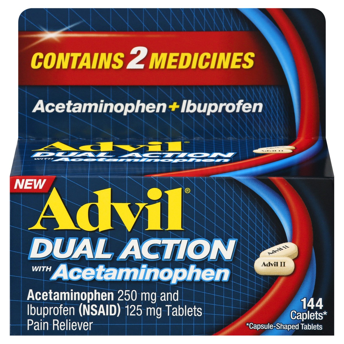 slide 1 of 11, Advil Dual Action Acetaminophen Ibuprofen Pain Relieving Caplets, 144 ct