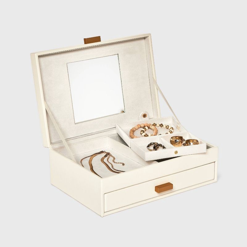 slide 2 of 3, Two Drawer Organizer Jewelry Box - A New Day™ Cream: Polyurethane Storage with Divided Tray, Mirror, Rectangle Shape, 1 ct