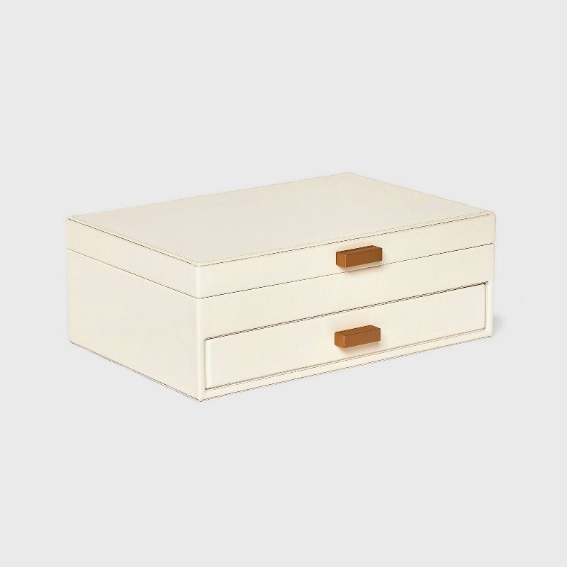 slide 1 of 3, Two Drawer Organizer Jewelry Box - A New Day™ Cream: Polyurethane Storage with Divided Tray, Mirror, Rectangle Shape, 1 ct