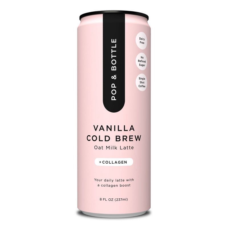 slide 1 of 7, Pop & Bottle Vanilla Cold Brew Oat Milk Latte with Collagen - 8 fl oz Can, 8 fl oz