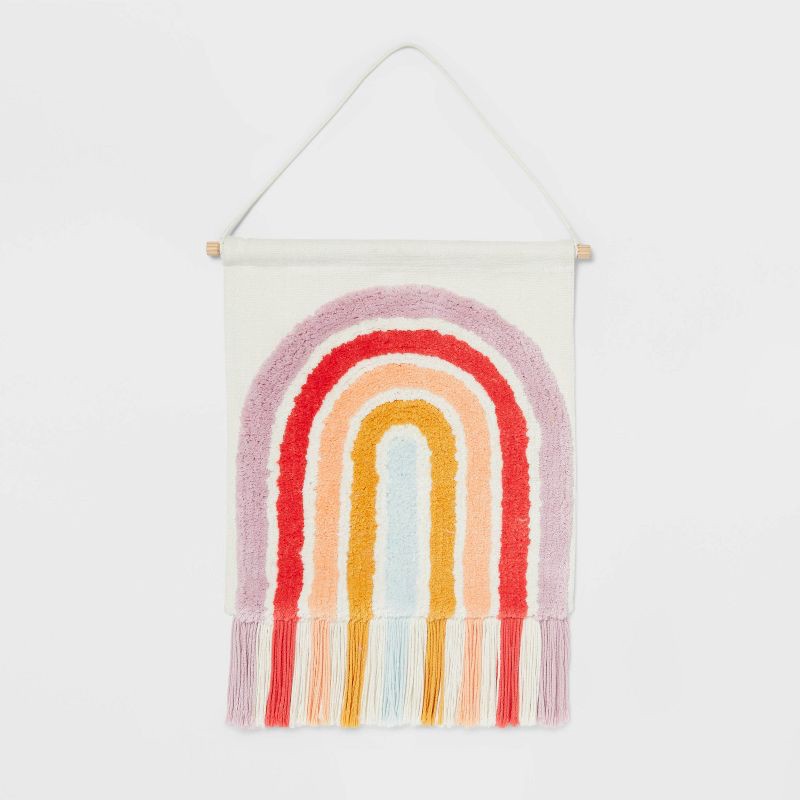 slide 1 of 3, Rainbow Kids' Tapestry - Pillowfort™: Multicolored Cotton Wall Art, Vertical Spring Sky Decor, 14"x13", 1 ct