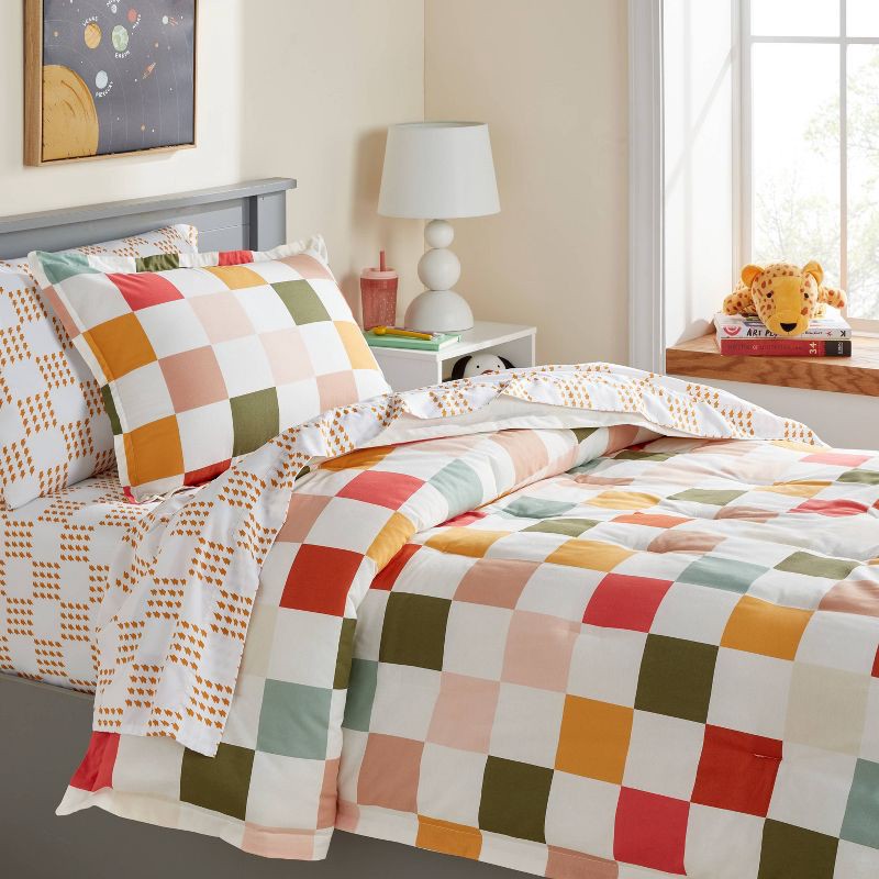 slide 2 of 5, Twin Kids' Comforter Set Checkered - Pillowfort™: OEKO-TEX Certified, Twin Bedding, Includes Sham, 1 ct