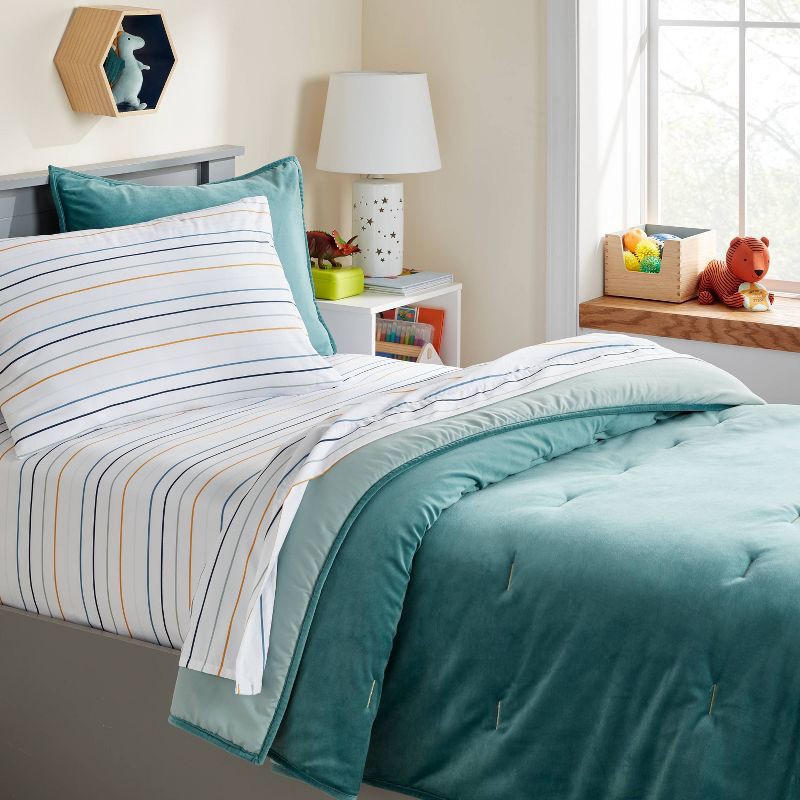 slide 2 of 4, Twin Microfiber Kids' Sheet Set Blue Striped - Pillowfort™: Recycled Polyester, OEKO-TEX Certified, 3-Piece Set, 1 ct