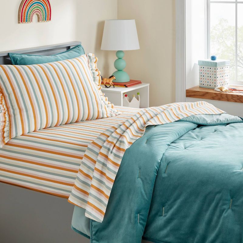 slide 2 of 4, Full Striped Cotton Kids' Sheet Set - Pillowfort™: OEKO-TEX Certified, 220 Thread Count, Full Size Bedding, 1 ct