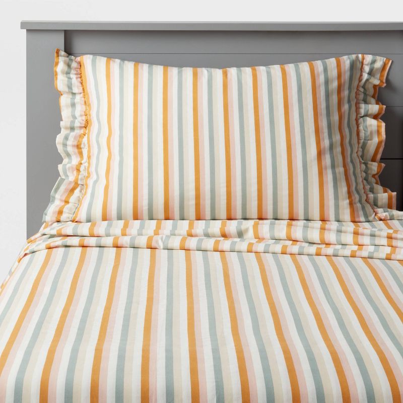 slide 1 of 4, Full Striped Cotton Kids' Sheet Set - Pillowfort™: OEKO-TEX Certified, 220 Thread Count, Full Size Bedding, 1 ct