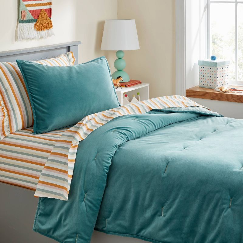 slide 2 of 3, Full/Queen Kids' Quilt Velvet Twilight Green - Pillowfort™: OEKO-TEX Certified, Polyester, Machine Washable Bedding, 1 ct