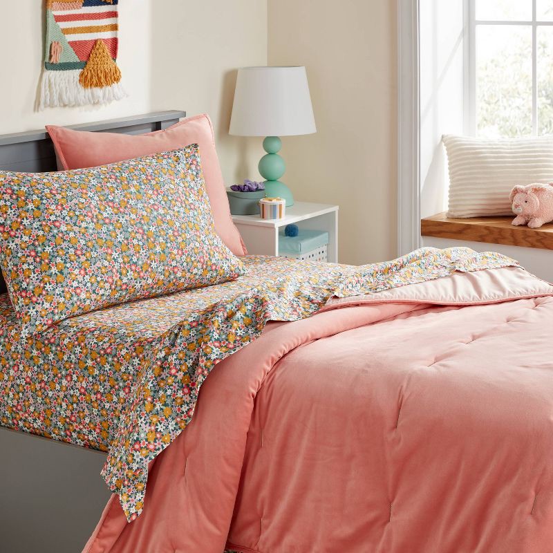 slide 2 of 4, Twin Microfiber Kids' Sheet Set Green Floral - Pillowfort™: Recycled Polyester, Botanical Pattern, OEKO-TEX Certified, 1 ct