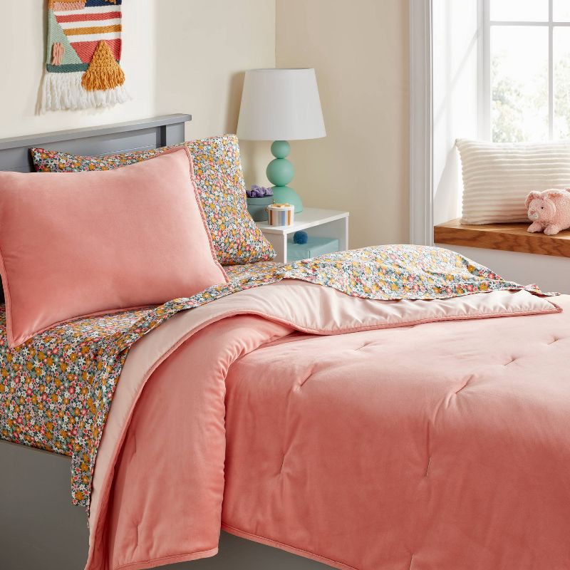slide 2 of 3, Twin Velvet Kids' Quilt Pink - Pillowfort™: OEKO-TEX Certified, Polyester, Twin Bedding, Solid Pattern, Machine Washable, 1 ct