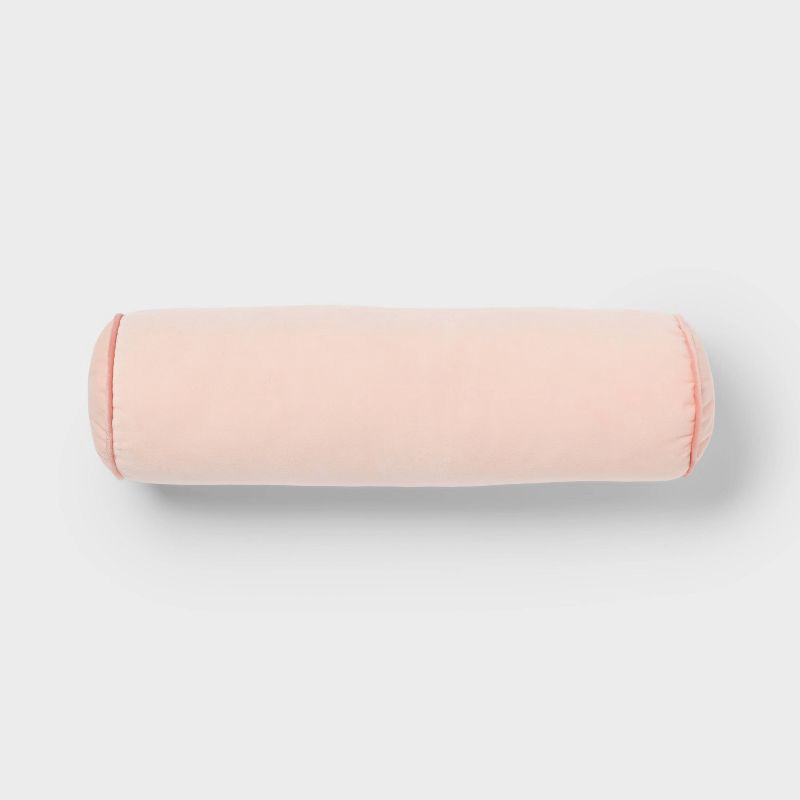 slide 1 of 4, Round Bolster Kids' Pillow Pink - Pillowfort™: Velvet Cylinder Throw Pillow, OEKO-TEX Certified, Indoor Use, 1 ct